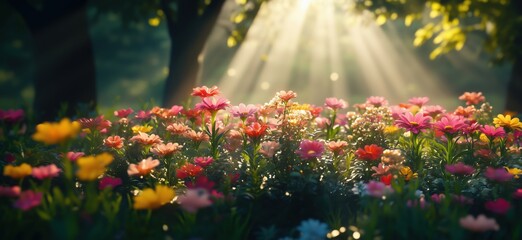 Obraz premium Vibrant flower garden illuminated by sunlight rays in serene natural setting