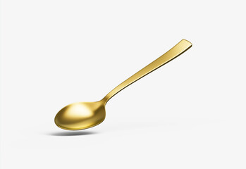 A shiny golden spoon with a reflective surface, slender handle and oval bowl. 3D Illustration.