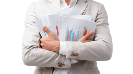 Professional man holding documents with charts, isolated on white background.