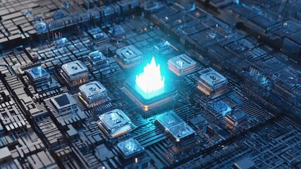 Futuristic central processor unit. Powerful Quantum CPU on PCB motherboard with data transfers atmosphere perfect for technology presentations gear on circuit board innovation - Powered by Adobe