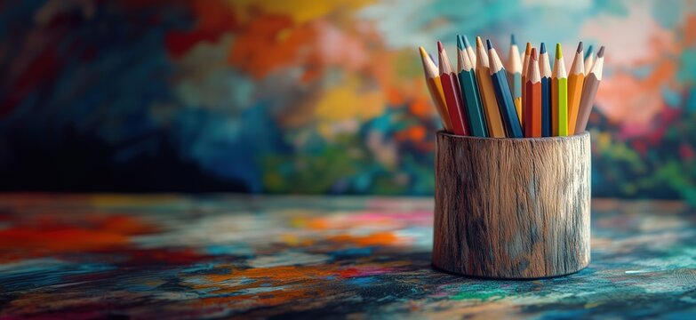 Colorful pencils in wooden holder against vibrant abstract background