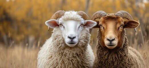Close-up of two sheep with contrasting wool colors in autumn landscape