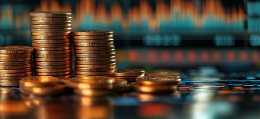 Stacks of coins with financial graphs in background representing investment and growth