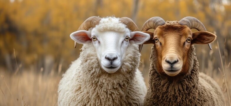 Close-up of two sheep with contrasting wool colors in autumn landscape
