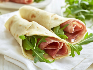 Piadina wraps with rocket and ham laying on white napkin