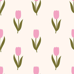 Hand Drawn Pink Tulip with Leaves Seamless Pattern. Festive Floral Background with cute Flowers for Greeting card Wallpaper Wrapping Paper design. Repeat vector illustration