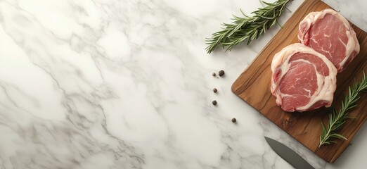 Fresh pork chops on wooden cutting board with rosemary and peppercorns