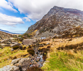 A view down a stream flowing from Lake Idwal in Snowdonia, Wales in springtime