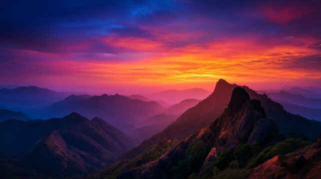 Scenic mountain landscape sunrise showcasing dramatic beauty nature panoramic view. AI generated.
