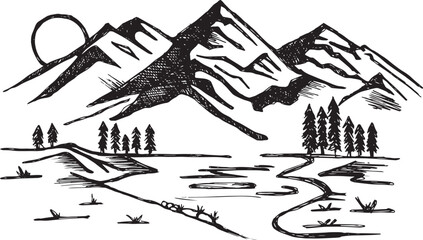 Mountain Landscape Sketch with Sun and River