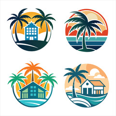 A set of sun & sand  modern coastal retreat vector logo design