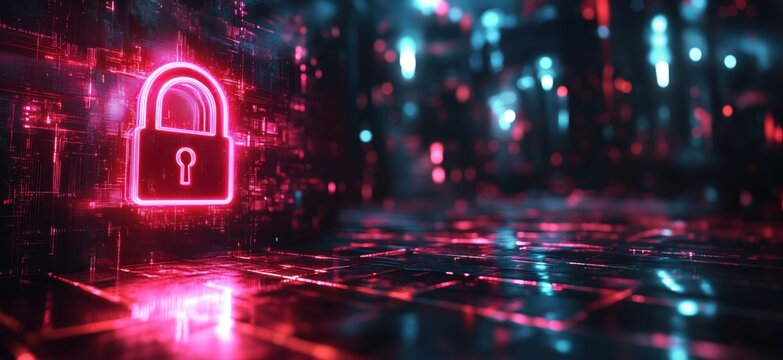 Digital lock symbol glowing in neon lights on futuristic cyber background