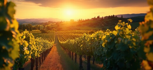 Stunning sunset over vineyard landscape with rows of grapevines and rolling hills