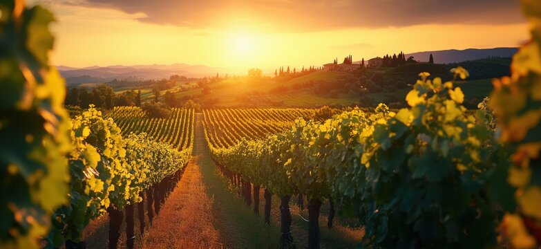 Stunning sunset over vineyard landscape with rows of grapevines and rolling hills
