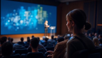 Woman attending a business presentation or conference in a large hall