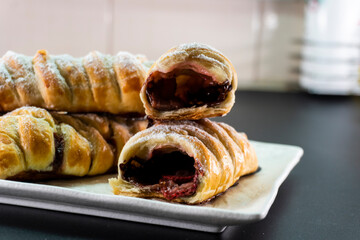 Puff pastry with chocolate and strawberries. Baking. Dessert. Dough.