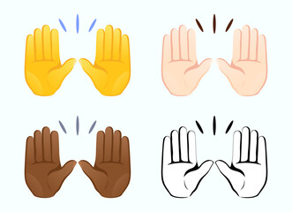 Raised hands emoji. Gesture icon of different skin tones. Vector illustration. 

