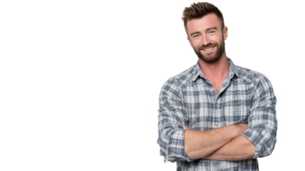 Smiling man in a casual outfit, arms crossed, standing confidently against a white isolated background.