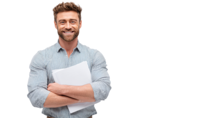 Smiling man in a casual shirt holding documents, promoting positive work attitude and teamwork.