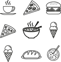 Food and drink icons set with illustrations of cake, coffee, tea, pizza, and other restaurant menu symbols for breakfast, dessert, and cafe design