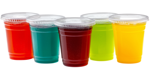 Five colorful plastic cups filled with vibrant fruit juice isolated on white background