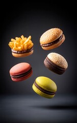 Obraz premium Colorful Array of Floating Junk Food Items in Low-Resolution Image