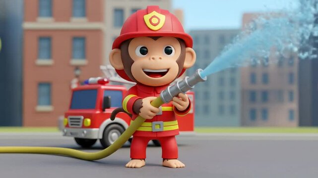 Monkey firefighter cartoon illustration