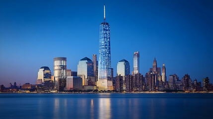 Obraz premium Striking cityscape of New York City at twilight showcasing modern skyscrapers