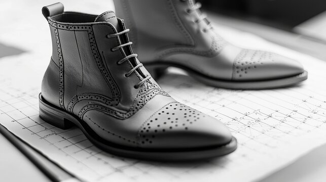 High-quality leather boots displayed on design sketches in a workshop environment under soft lighting
