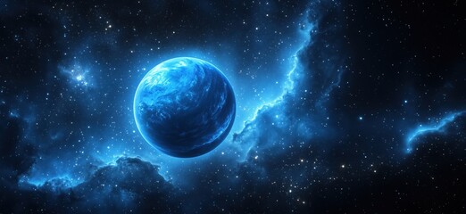 Obraz premium Blue Planet Surrounded by Cosmic Nebula and Stars in Deep Space