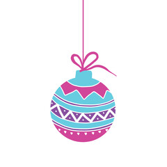 Flat Style Hand Drawn Hanging Christmas Decorative Christmas Ball Isolated on White Background. Magenta, Blue and Purple Colors Decorative Hanging Balls with Ribbon Bows. New Year and Holiday Icon.