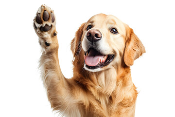 Happy dog giving a high five on white, with copy space area.