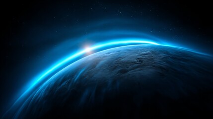 Fototapeta premium Aerial view of Earth's atmosphere with glowing blue ozone layer and dark gap symbolizing depletion, environmental protection and climate change awareness concept.