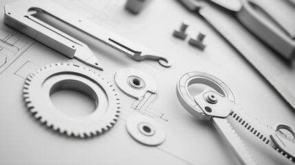Tools and mechanical parts arranged on a blueprint in a workshop setting showcasing design and engineering processes