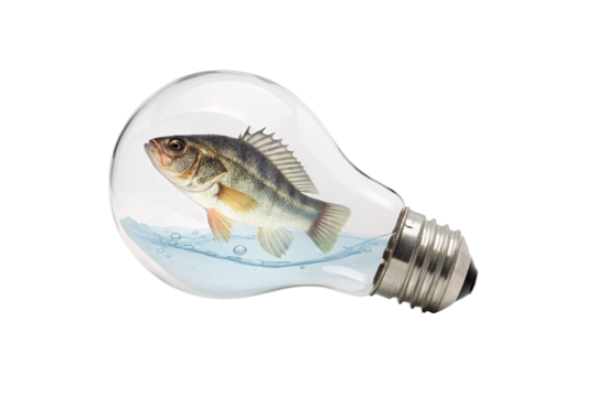 A realistic fish swimming inside a clear glass lightbulb with water and air bubbles, isolated on a transparent background