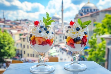 Two glasses of layered fruit and whipped cream dessert with a city view.