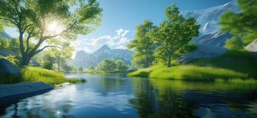 Serene mountain landscape with clear river and lush greenery under bright blue sky