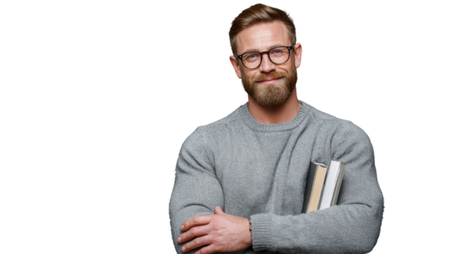 Smiling man with glasses and books, showcasing confidence and intelligence on a white isolated background.