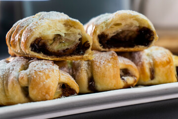 Puff pastry with chocolate and banana. Baking. Dessert. Dough.