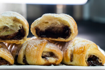 Puff pastry with chocolate and banana. Baking. Dessert. Dough.