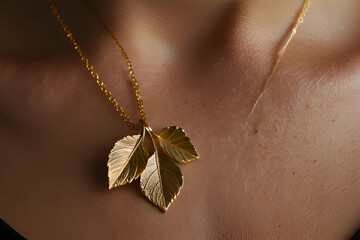 golden necklace with leaf pendant on female close up,generative.ai
