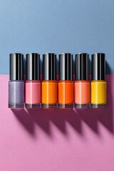 Six colorful nail polish bottles are arranged in a row on a vibrant pink and blue textured background.