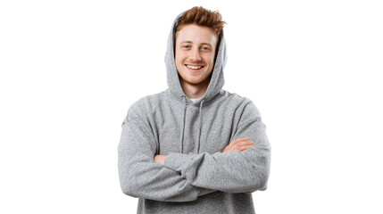 Obraz premium Smiling young man in a gray hoodie with arms crossed, isolated on a white background.