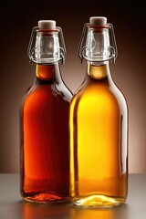 Two glass bottles with swing-top caps, one filled with dark liquid and the other with amber liquid, stand side by side on a reflective surface.
