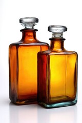 Two amber glass bottles with glass stoppers are placed side by side on a white reflective surface.