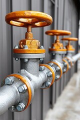 Close-up of industrial metal valves with orange handles mounted on a pipeline against a gray wall.