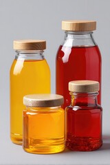 Four glass jars with wooden lids filled with red and yellow liquids are arranged on a plain, light background.