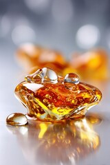 A close-up of a glossy amber resin with air bubbles, reflecting light on a smooth surface.