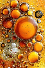 Abstract close-up of bubbles in golden liquid, creating a vibrant, colorful pattern with various sized circles and a shimmering texture.
