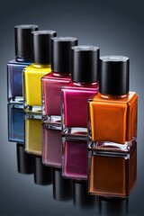 Five colorful nail polish bottles are arranged in a row with a reflective surface beneath them.